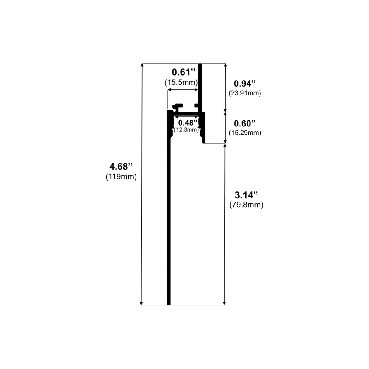 Black and white technical drawing of the Mud-in Drywall Baseboard LED Channel (Model TL-301) cross-section, showing five labeled dimensions: 0.61, 0.94, 0.48, 0.60, and larger sections of 4.68 and 3.14 mm—ideal for linear lighting.