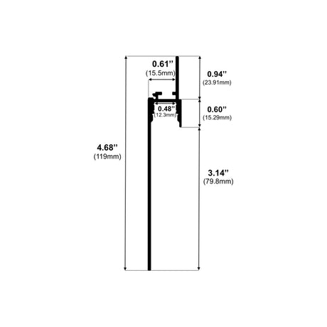Black and white technical drawing of the Mud-in Drywall Baseboard LED Channel (Model TL-301) cross-section, showing five labeled dimensions: 0.61, 0.94, 0.48, 0.60, and larger sections of 4.68 and 3.14 mm—ideal for linear lighting.