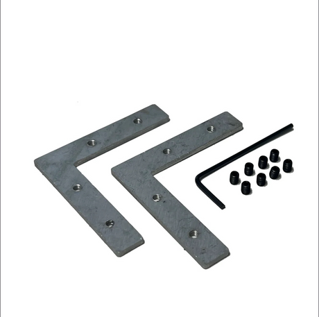 Two L Brackets for TL-401 Profile with multiple holes, an Allen wrench, and ten small black screws are arranged on a white background—ideal for projects requiring bulk pricing.