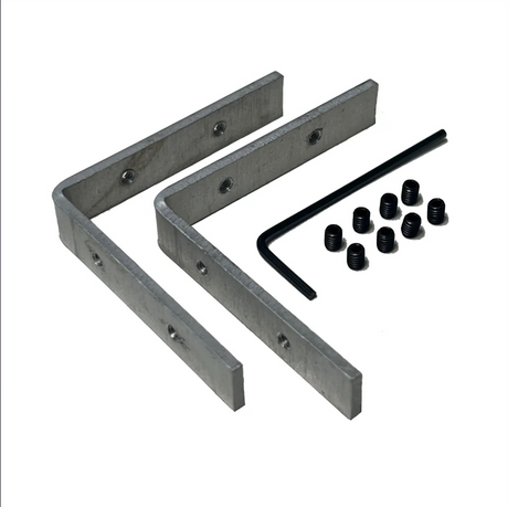 Two L Brackets for TL-401 Profile, an Allen wrench, and ten black set screws are displayed on a white background. The brackets feature multiple pre-drilled holes; bulk pricing is offered for large orders.