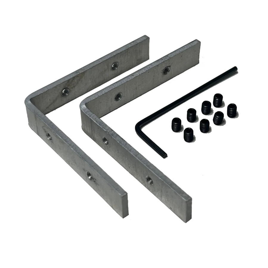 Two L Brackets for TL-401 Profile, a black hex key, and ten small black set screws are arranged on a white background.