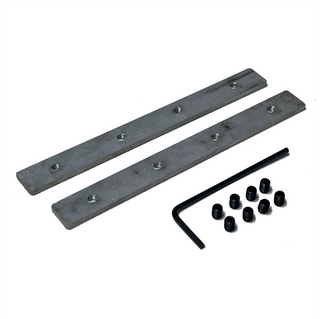 The Flat Coupler Bracket for TL-401 Profile includes two metal brackets with threaded holes, eight black set screws, and a black L-shaped hex key tool—displayed on a white background. Ideal for TL-401 profile assemblies.
