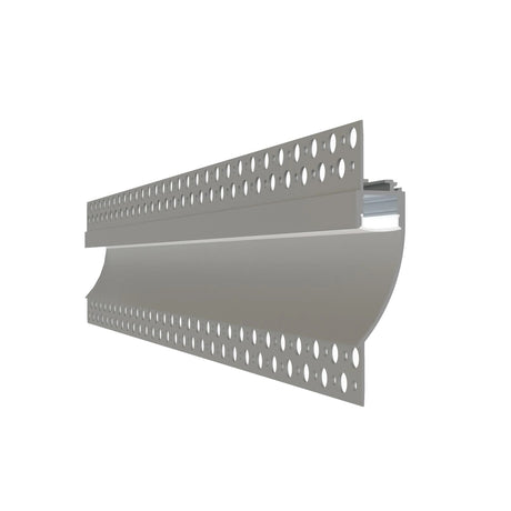 The 0.48" Indirect Trimless Mud-In LED Drywall Channel (Model TL-401) is a metal profile for recessed linear lighting, with a curved lower edge and evenly spaced circular holes on flat flanges, shown against a white background.