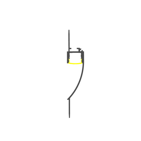 A simple black line drawing shows a vertical window frame cross-section with a curved design; near the top center, the 0.48" Indirect Trimless Mud-In LED Drywall Channel (Model TL-401) is highlighted in yellow as a recessed feature.