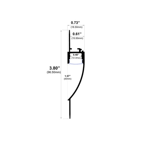 Cross-section diagram of the 0.48" Indirect Trimless Mud-In LED Drywall Channel (TL-401) with labeled measurements: 3.80" (96.50mm) height, 0.73" (18.50mm) top width, 0.61" (15.50mm) inner width, and 0.48" (12.3mm) interior space.