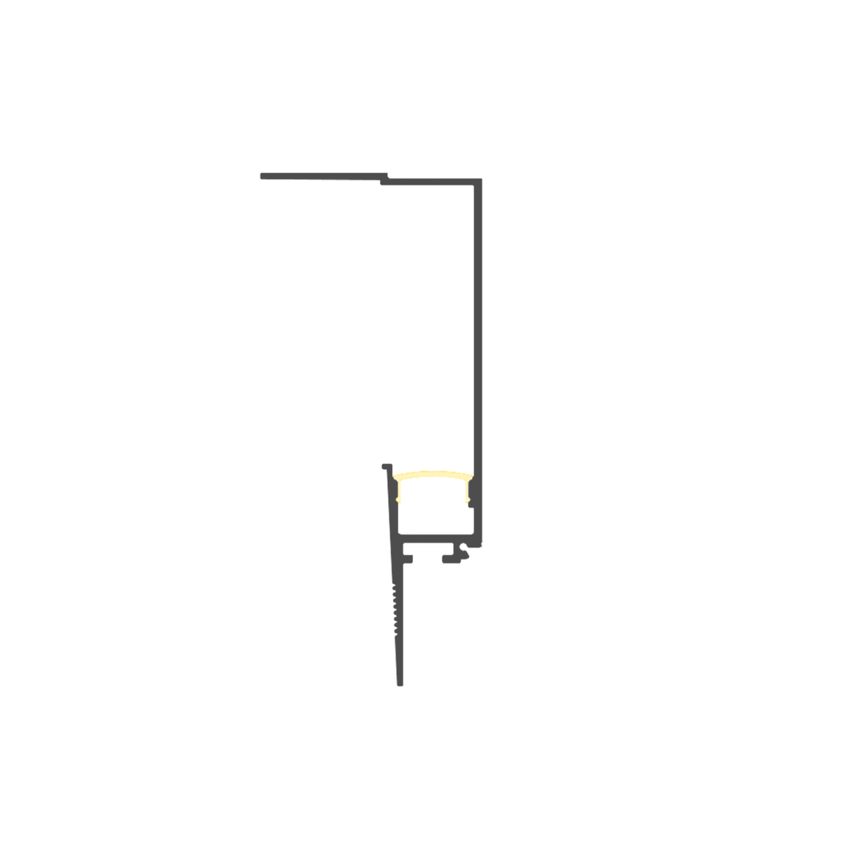 A simple technical drawing of the 0.59" Indirect Trimless Mud-In LED Drywall Channel (Model TL-539) in black and yellow, showing its recessed aluminum profile with straight and angled lines on a white background.