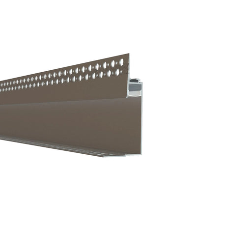 A close-up of the 0.59" Indirect Trimless Mud-In LED Drywall Channel (Model TL-539), a brown metal wall edge trim with perforated holes, designed for finishing and protecting drywall or plaster corners. White background.