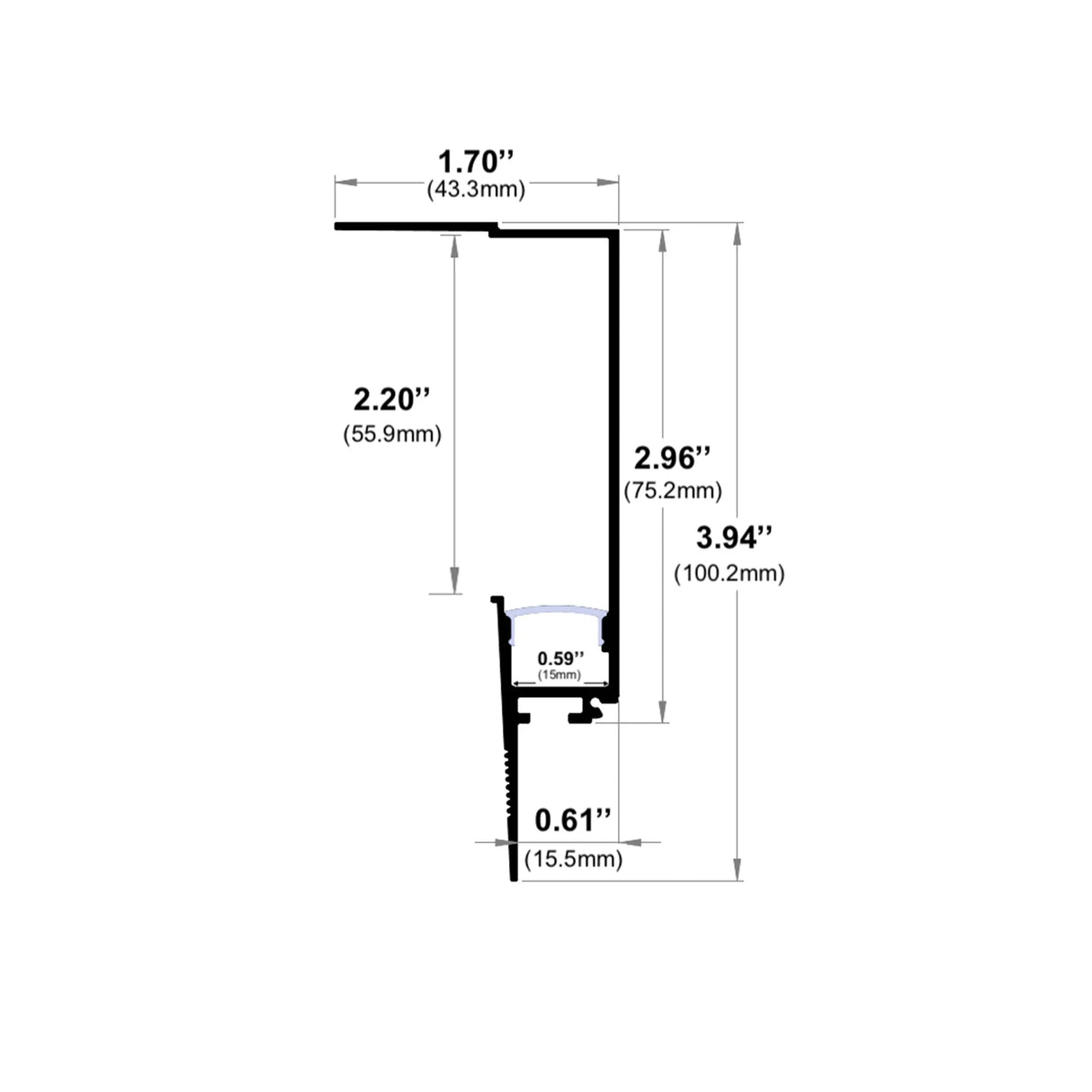 Technical cross-section diagram of the 0.59" Indirect Trimless Mud-In LED Drywall Channel (Model TL-539): top width 1.70" (43.3mm), height 3.94" (100.2mm), inner width 0.59" (15mm), and base width 0.61" (15.5mm).