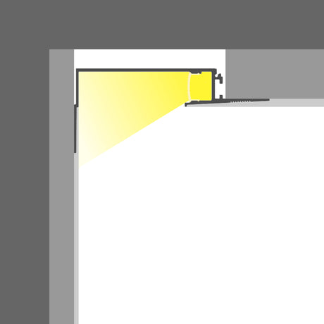 Diagram showing a cross-section of a ceiling with the 0.59" Indirect Trimless Mud-In LED Drywall Channel (Model TL-539) installed, emitting a broad beam of yellow light downward and outward into the room.