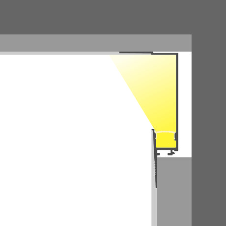 Diagram of a window cross-section with sunlight and the 0.59" Indirect Trimless Mud-In LED Drywall Channel (Model TL-539), illustrating how both natural light and integrated lighting brighten the interior through the window.