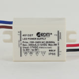 A rectangular white Single Output Mini LED Constant Current Driver (350mA) labeled with technical specifications and colored electrical wires attached to its sides.