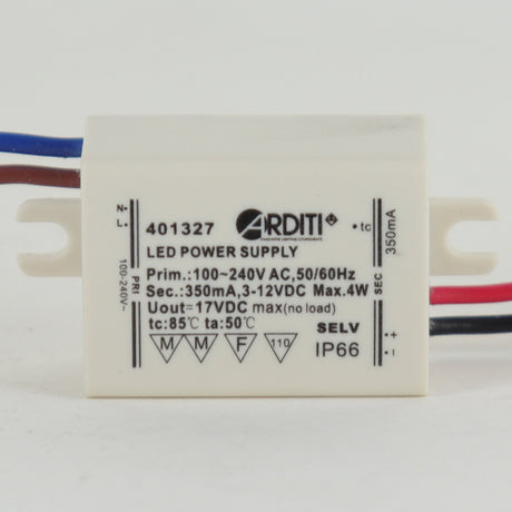 A rectangular white Single Output Mini LED Constant Current Driver (350mA) labeled with technical specifications and colored electrical wires attached to its sides.