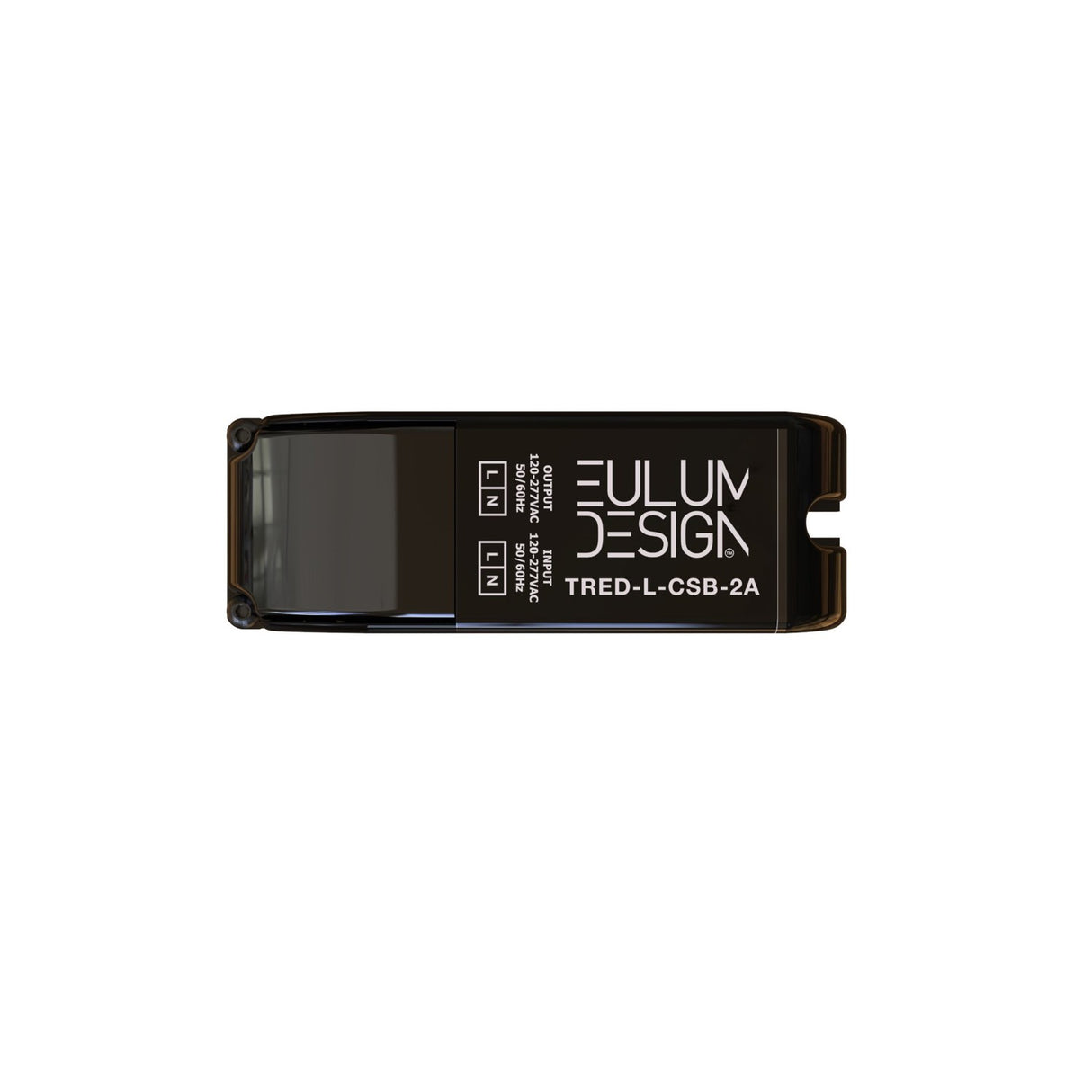 The Casambi Single Channel Long-Range Wireless Trailing Edge Dimmer (Eulum TRED-CSB-2A-XSF), a rectangular black device with white branding, provides wireless smart LED dimming for modern lighting; shown against a white backdrop.