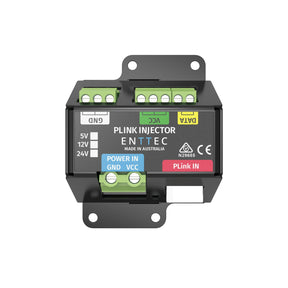 A black Enttec PLink to SPI Pixel Converter (PLink Injector) with green and white terminals labeled Power, GND, VCC, DATA, PLINK IN; supports 5V/12V/24V input for controlling LED pixel strips; includes certification marks.