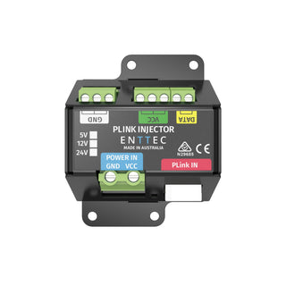 A black Enttec PLink to SPI Pixel Converter (PLink Injector) with green and white terminals labeled Power, GND, VCC, DATA, PLINK IN; supports 5V/12V/24V input for controlling LED pixel strips; includes certification marks.