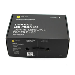 The Topmet LED Channel Sample Case is a black cardboard box labeled "Lighting LED Profiles" and "Oświetleniowe Profile LED," featuring the TOPMET brand, a carry handle, QR code, manufacturing info, and aluminum profile samples.