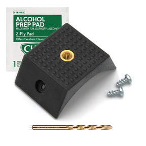 A pack of alcohol prep pads, a black rubber foot with gold threaded insert, two silver screws, and a gold drill bit for the S65 Tripod Mount ~ Portable Mounting Accessory for Smokies65 & Sierra65 Tubes are arranged on a white background.