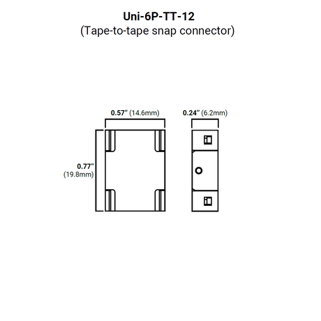 Technical drawing of the RGB+CCT 6-Pin Wire Connector ~ UniColor IP20 COB Series, showing front and side views with dimensions: 0.77" (19.8mm) height, 0.57" (14.6mm) width, and 0.24" (6.2mm) depth for lighting projects.