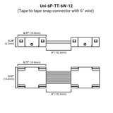 Diagram of an RGB+CCT 6-Pin Wire Connector ~ UniColor IP20 COB Series with 6-inch wire, showing top and side views. Labeled dimensions: 0.24", 0.57", 0.77" wide, and 6" long (all sizes in inches and mm).