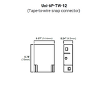 Technical drawing of an RGB+CCT 6-Pin Wire Connector ~ UniColor IP20 COB Series for tape-to-wire use, showing front and side views; dimensions: 0.74" (19mm) height, 0.57" (14.6mm) width, 0.24" (6.2mm) depth.