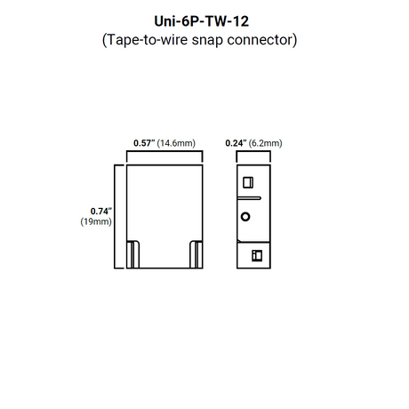 Technical drawing of an RGB+CCT 6-Pin Wire Connector ~ UniColor IP20 COB Series for tape-to-wire use, showing front and side views; dimensions: 0.74" (19mm) height, 0.57" (14.6mm) width, 0.24" (6.2mm) depth.