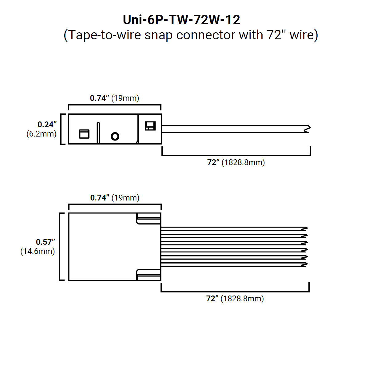 Line drawing of the RGB+CCT 6-Pin Wire Connector ~ UniColor IP20 COB Series (Uni-6P-TW-72W-12) with 72" wires, ideal for LED strip and COB tape light systems. Dimensions: 0.74" width, 0.24"/0.57" height, and 72" wire length shown.
