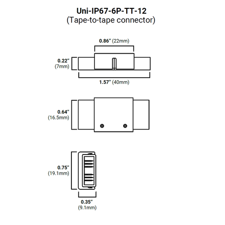 Technical drawing of the RGB+CCT 6-Pin Wire Connector ~ UniColor IP67 COB Series, front/top/side views with dimensions: 1.57 x 0.86 x 0.75 in (40mm x 22mm x 19.1mm), ideal for LED strip connector applications.