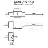 Technical diagram of the RGB+CCT 6-Pin Wire Connector ~ UniColor IP67 COB Series, showing connector dimensions, 22 AWG wire gauge, overall cable length (72 inches), and labeled width, height, and thickness in inches and mm.