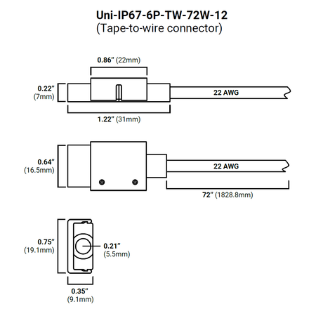 Technical diagram of the RGB+CCT 6-Pin Wire Connector ~ UniColor IP67 COB Series, showing connector dimensions, 22 AWG wire gauge, overall cable length (72 inches), and labeled width, height, and thickness in inches and mm.