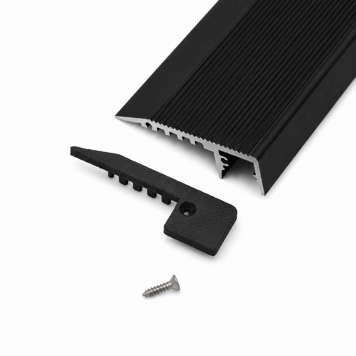 A black 3D Printed End Cap for Up-Mini10 Profile is displayed on a white background, alongside a black plastic installation bracket and a small silver screw.