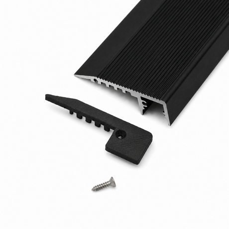 A black 3D Printed End Cap for Up-Mini10 Profile is displayed on a white background, alongside a black plastic installation bracket and a small silver screw.