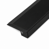 A 3D Printed End Cap for Up-Mini10 Profile, displayed next to a black rubber stair nose trim with a ribbed surface and visible metal screw, photographed on a white background.