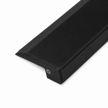 A 3D Printed End Cap for Up-Mini10 Profile, displayed next to a black rubber stair nose trim with a ribbed surface and visible metal screw, photographed on a white background.