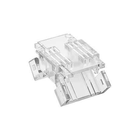 The RGB+CCT 6-Pin Wire Connector ~ UniColor IP20 COB Series is a clear plastic modular connector with metal contacts and angled sides for secure cable insertion, shown on a white background. Similar to an LED strip connector, it's designed for RGB+CCT lighting setups.