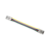 The RGB+CCT 6-Pin Wire Connector ~ UniColor IP20 COB Series features a short cable with clear connectors and multi-colored wires—yellow, blue, green, red, and black—ideal for seamless LED strip connections. Shown on a white background.