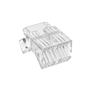 A 6-Pin Solderless RGB+CCT COB LED Strip Clip Connector (12mm) from the UniColor Series, shown on a white background and positioned at an angle to highlight its wiring slots and latch clip, resembles a clear plastic RJ45 Ethernet connector in design.