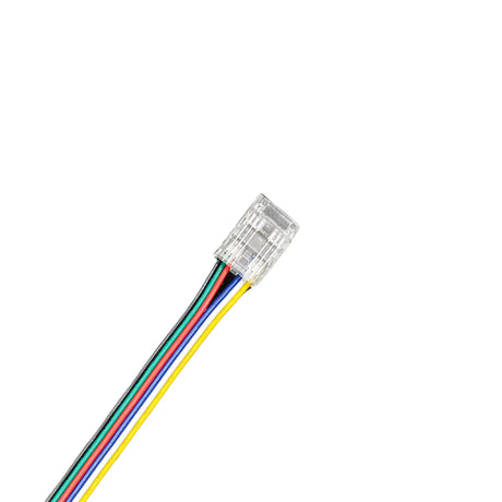 A close-up of the RGB+CCT 6-Pin Wire Connector ~ UniColor IP20 COB Series with multicolored wires—green, white, blue, yellow, and black—displayed against a white background.