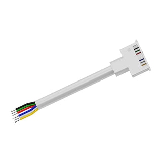 The 6-Pin Solderless IP67 RGB+CCT COB LED Strip Clip Connector (14mm) ~ UniColor Series features a white rectangular plastic connector on one end and six exposed colored wires (black, green, blue, yellow, red, white) on the other end. Designed for use as an RGB CCT connector for IP67 COB tape lighting systems, this clip connector ensures easy integration with 14mm-wide strips.