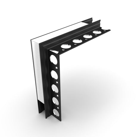 The Corner Connector for Uni-Tile12 180 Profile, in black aluminum with circular cutouts, is shown fitted over the edge of a white rectangular panel against a plain white background.
