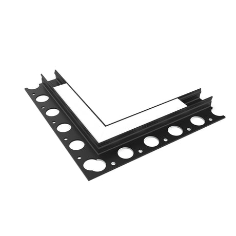 The Corner Connector for Uni-Tile12 180 Profile is a black aluminum trim with circular edge cutouts, a white inner strip, and a perforated design, suitable for tile or flooring installation.