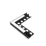 The Corner Connector for Uni-Tile12 180 Profile is a black, L-shaped aluminum piece with circular cutouts and white adhesive strips, perfect as an LED channel corner connector, shown on a white background.