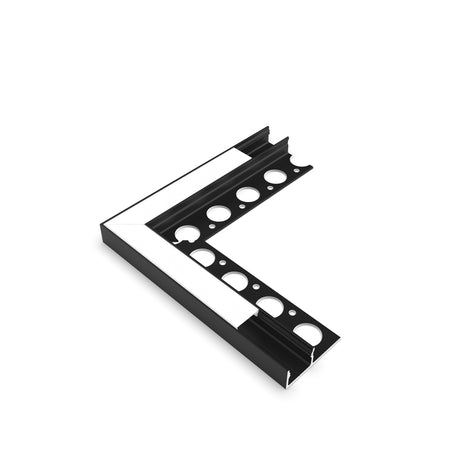 The Corner Connector for Uni-Tile12 180 Profile is a black, L-shaped aluminum piece with circular cutouts and white adhesive strips, perfect as an LED channel corner connector, shown on a white background.