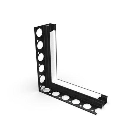 The Corner Connector for Uni-Tile12 180 Profile is a black, L-shaped aluminum piece with large circular holes on both sides, shown against a white background.