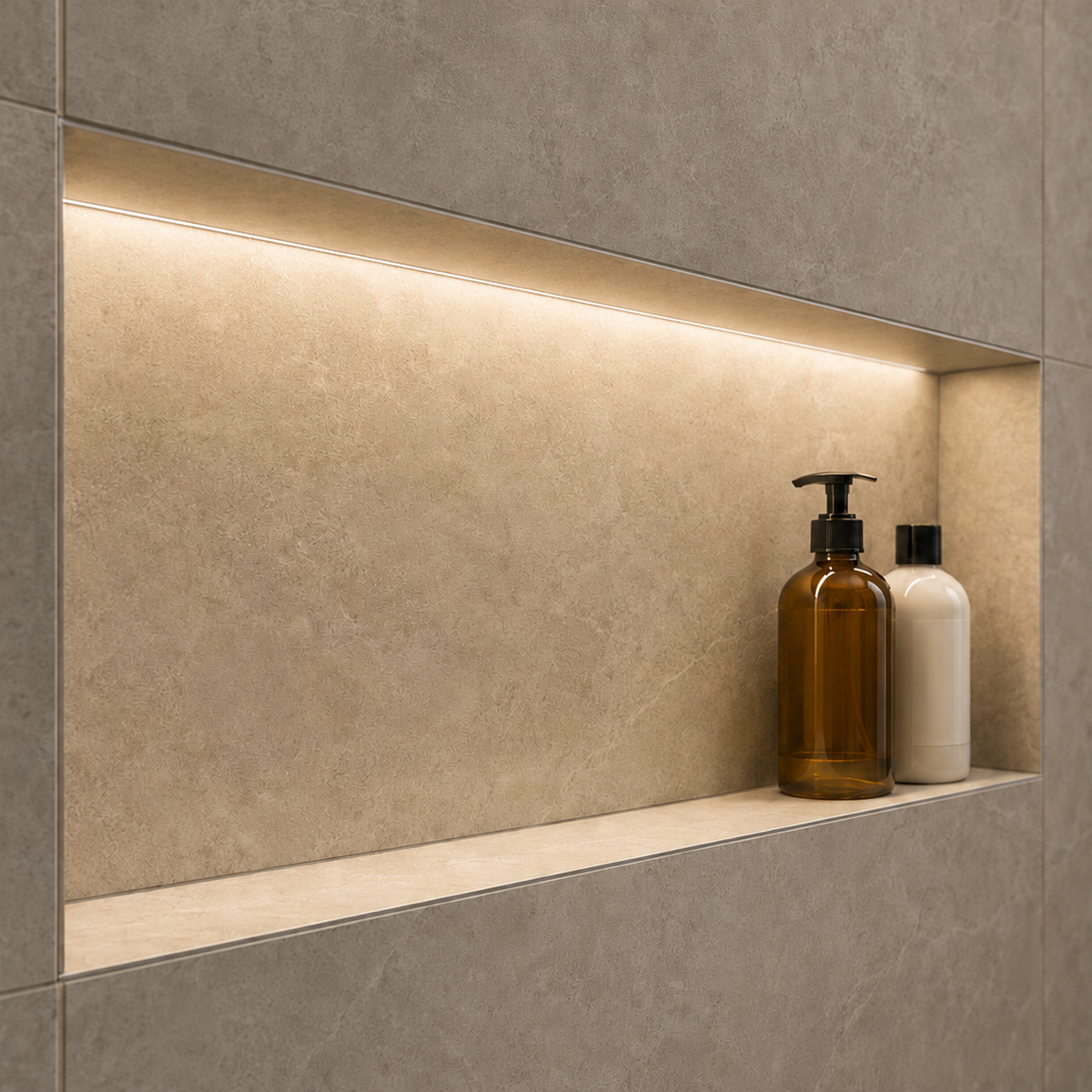 Two bottles, one amber with a pump and one white with a black cap, sit on a recessed shelf in a tiled wall, illuminated from above by the Tile Edge LED Strip Light Channel ~ Model Uni-Tile12 180Deg.