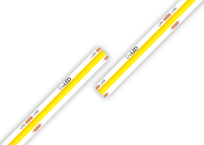 Two white High Brightness IP20 COB LED strips (24V) from the UniPlus Series, featuring yellow, dot-free illumination and labeled "EvoLED," are displayed against a white background. The strips are arranged diagonally and nearly touching at an angle, with copper connection points visible—making them ideal for seamless under-cabinet lighting solutions.