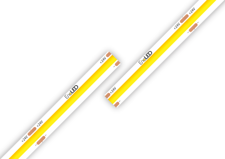 Two white High Brightness IP20 COB LED strips (24V) from the UniPlus Series, featuring yellow, dot-free illumination and labeled "EvoLED," are displayed against a white background. The strips are arranged diagonally and nearly touching at an angle, with copper connection points visible—making them ideal for seamless under-cabinet lighting solutions.