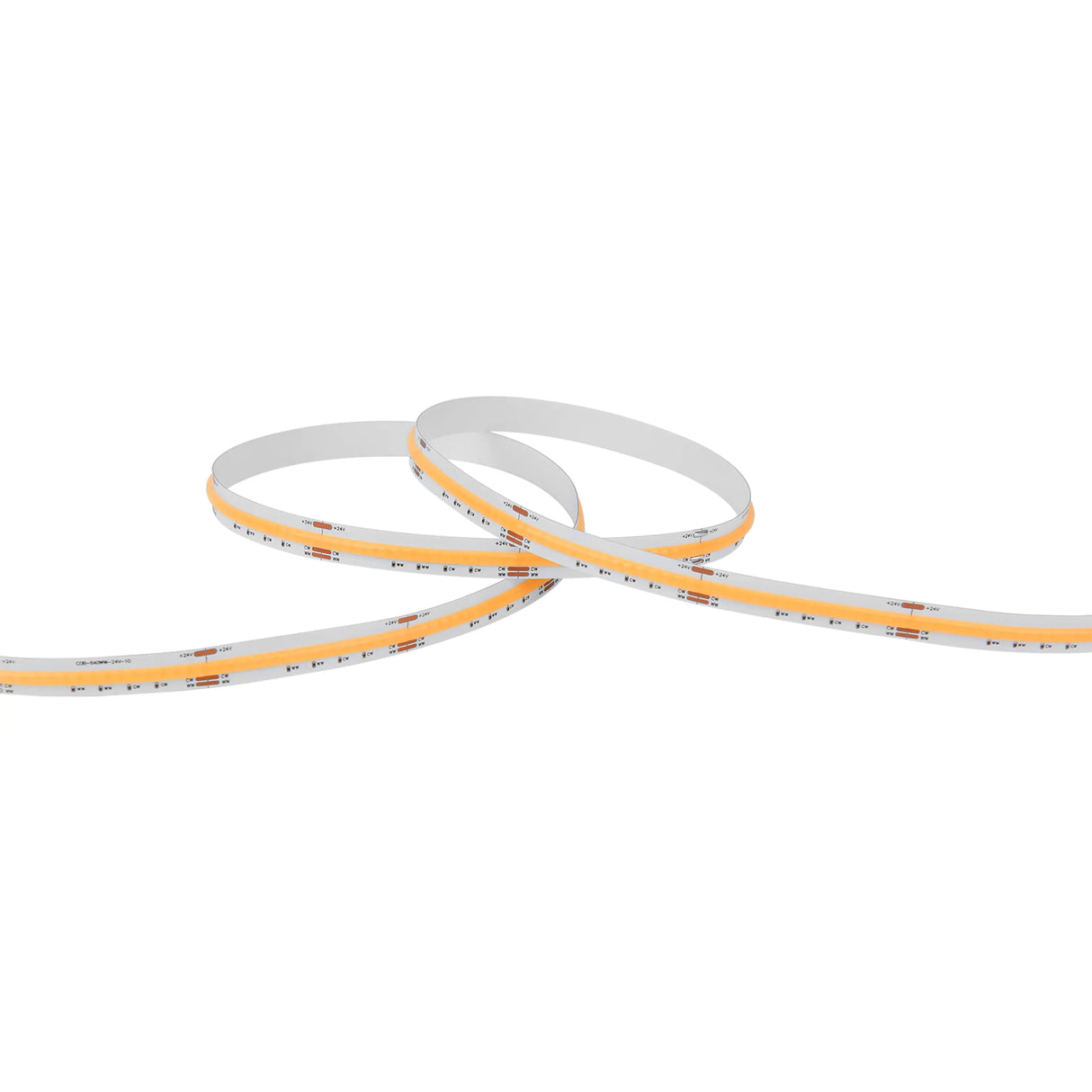 The Tunable White COB IP20 High CRI LED Strip (24V) ~ UniCCT Series, shown coiled with both orange and white sections on a white background, features adjustable color temperature LEDs ideal for residential and commercial lighting applications.