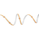 A Tunable White COB IP20 High CRI LED Strip (24V) from the UniCCT Series is displayed in a wavy, serpentine pattern against a plain white background, emphasizing its adjustable color temperature capability.