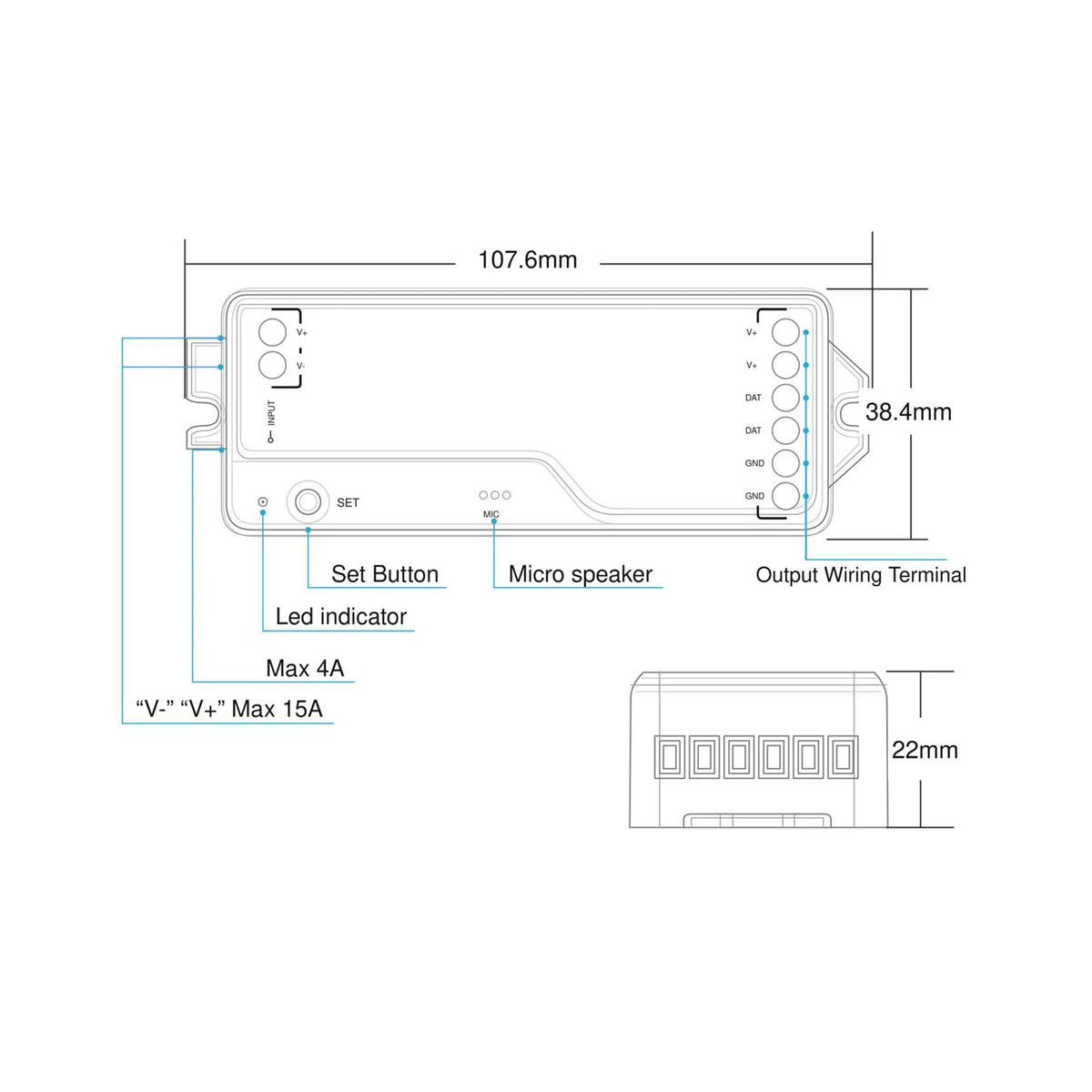 Technical diagram of the EnoLED UniPixel Series Color-Chasing RGB Pixel IP20 COB LED Strip Kit (24V), a rectangular electronic device for addressable LED lighting, showing dimensions (107.6mm x 38.4mm x 22mm), labeled ports, set button, LED indicator, micro speaker, and wiring terminals. Also displays maximum current values—ideal for managing installations of RGBIC COB or smart LED strips.