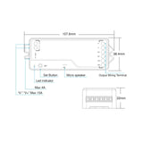 Technical diagram of the EnoLED UniPixel Series Color-Chasing RGB Pixel IP20 COB LED Strip Kit (24V), a rectangular electronic device for addressable LED lighting, showing dimensions (107.6mm x 38.4mm x 22mm), labeled ports, set button, LED indicator, micro speaker, and wiring terminals. Also displays maximum current values—ideal for managing installations of RGBIC COB or smart LED strips.